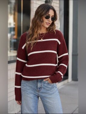 Pink Sky | Waffle-Knit Crewneck Sweater Burgundy and White Stripes Downtown Girl